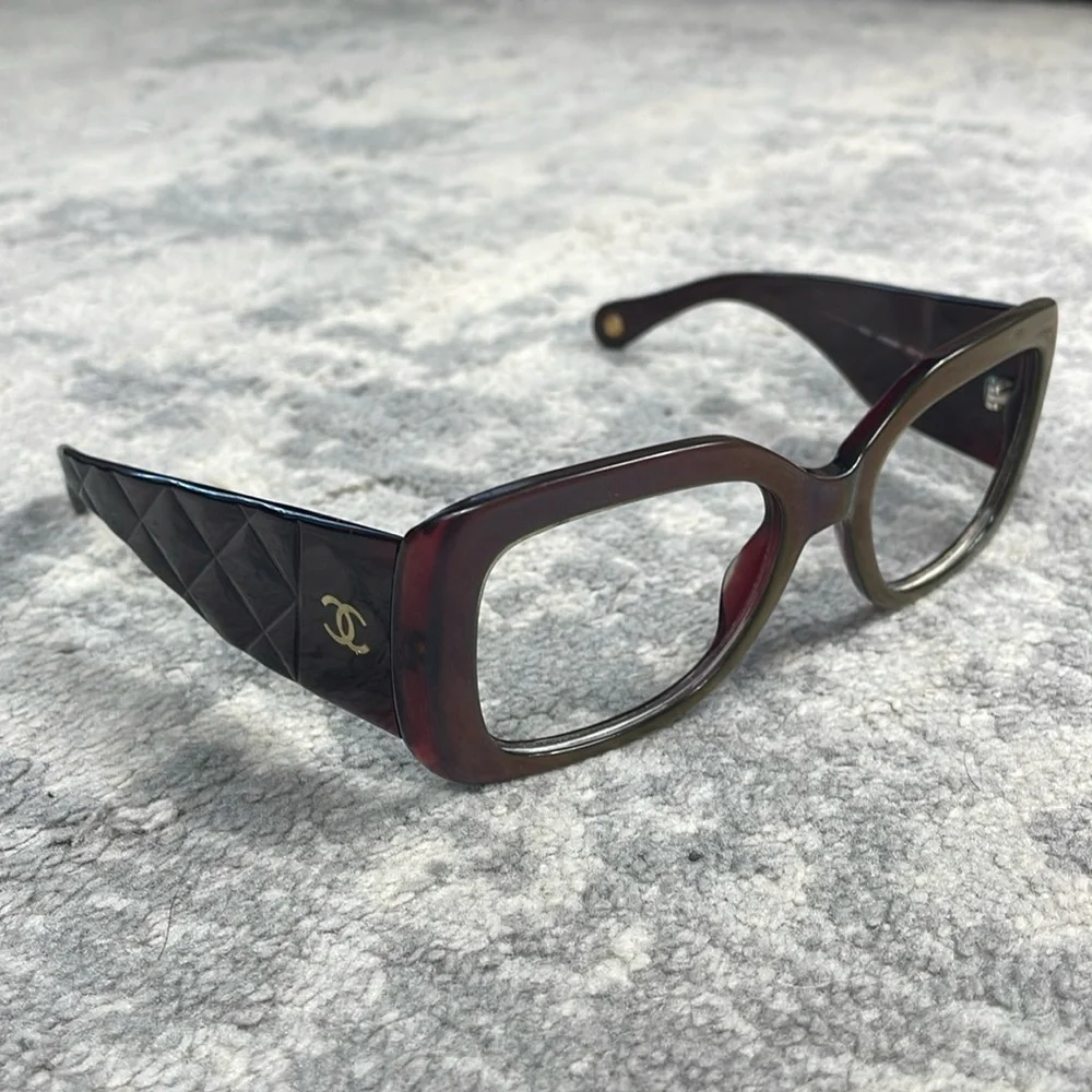 Chanel Acetate Quilted CC Glasses Frames Amber Brown Color Change Green Rim